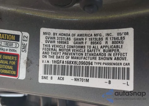 2008 Honda Civic Ex z USA, uszkodzony, nr VIN 1HGFA168X8L096094